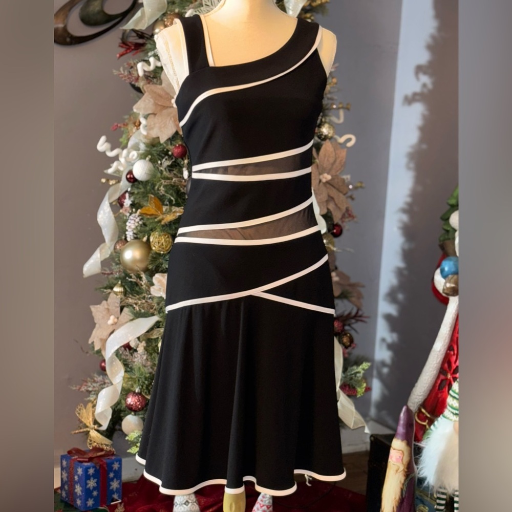 Joseph Ribkoff Black and White One-Shoulder Fit-and-Flare Dress